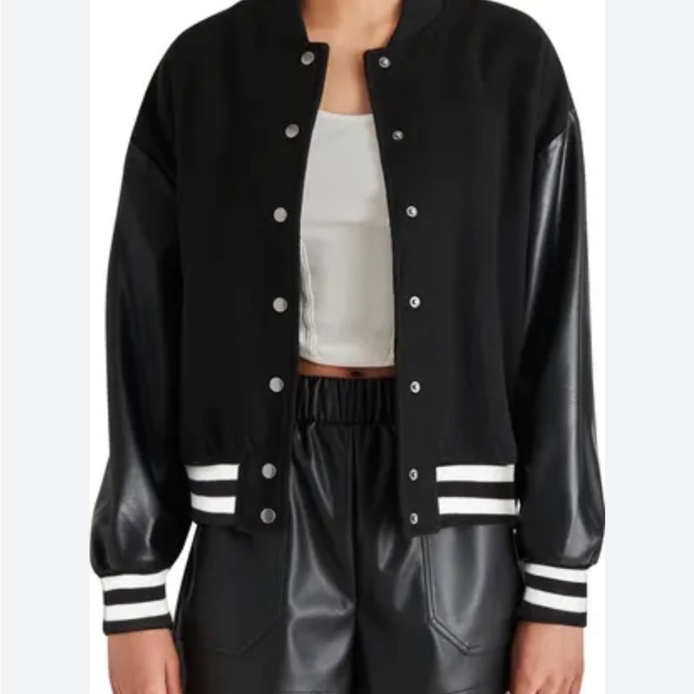 Steve Madden Black and White Varsity Jacket with Ribbed Details size small